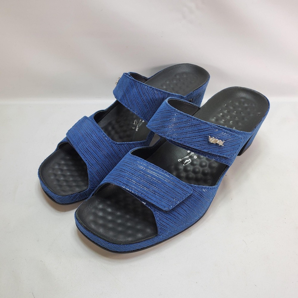 Vital Slide Sandals Womens 37 Blue Leather Massage Footbed Block Heel Austria